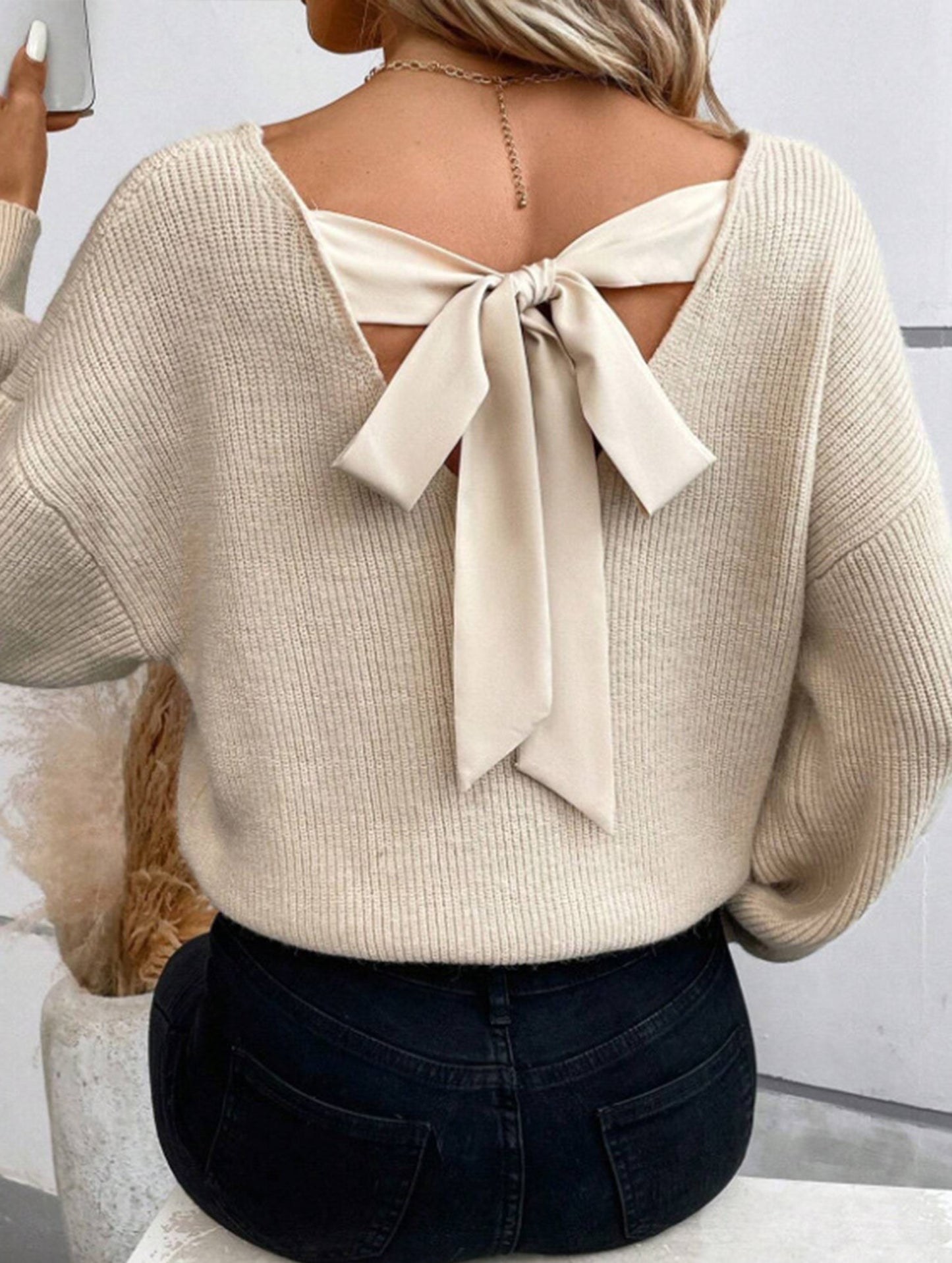 Casual loose v-neck solid color sweater