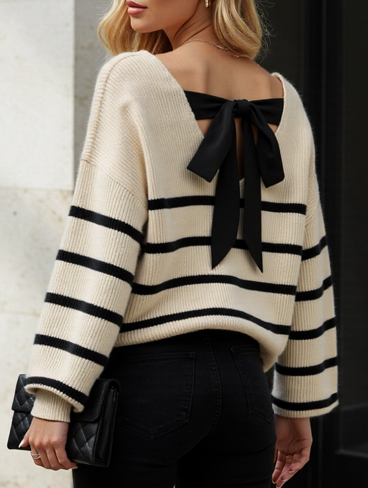 Striped contrast bow tie knit sweater