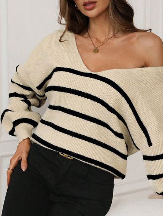 Striped contrast bow tie knit sweater