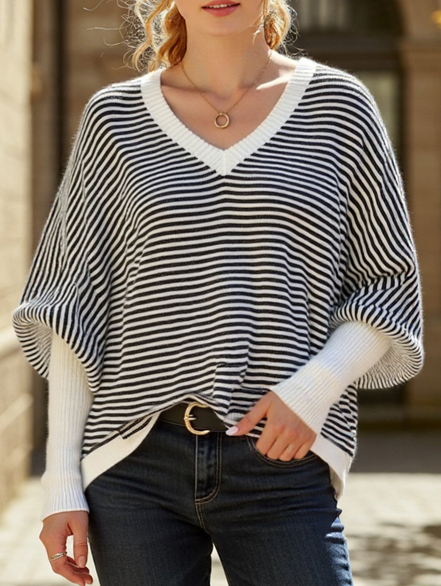 Striped V-neck batwing sleeves sweater