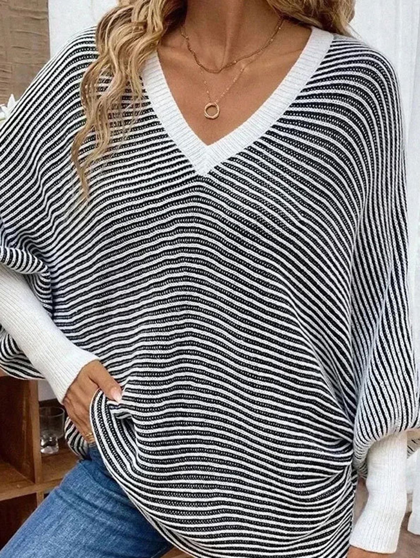Striped V-neck batwing sleeves sweater