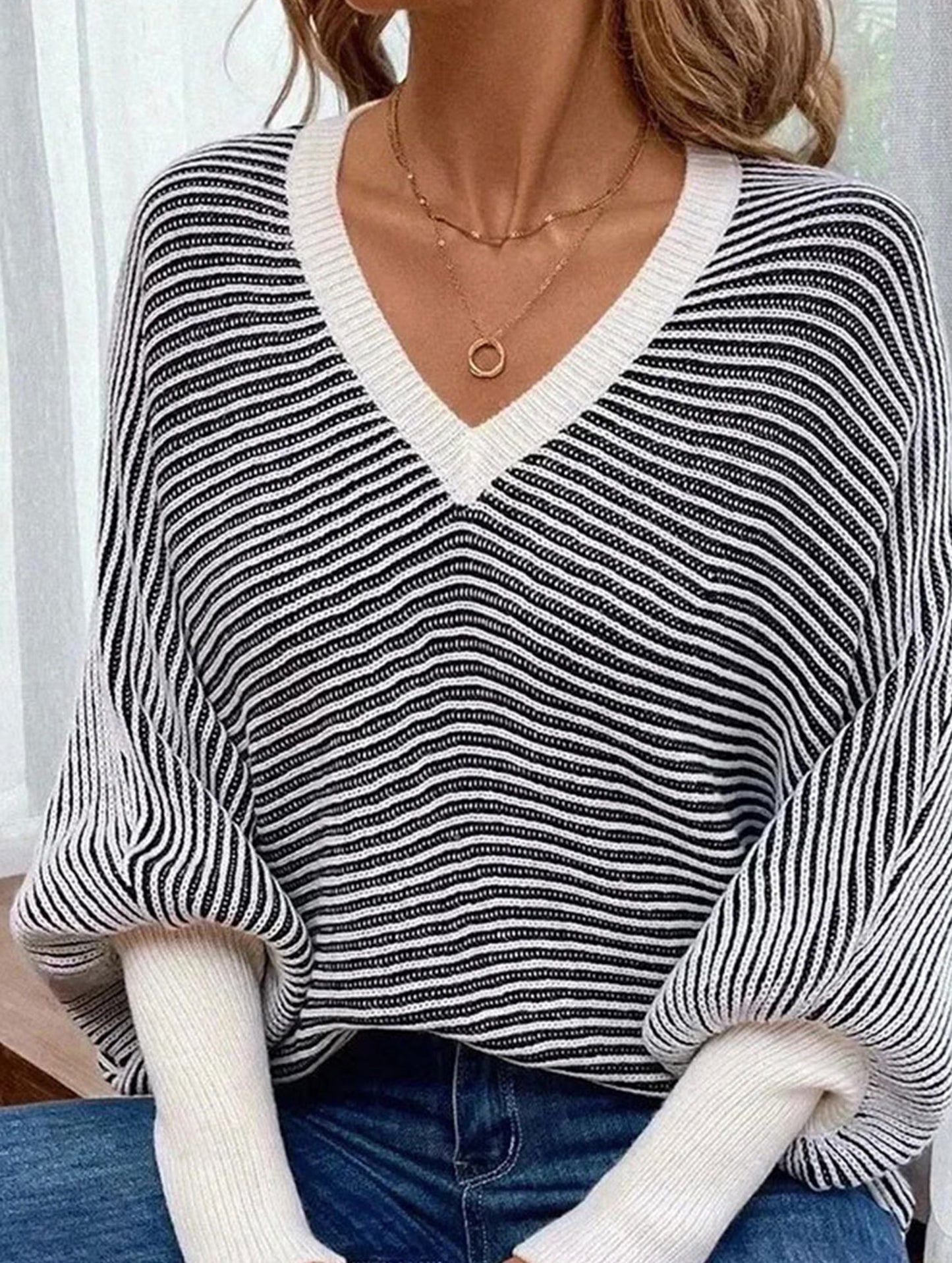 Striped V-neck batwing sleeves sweater