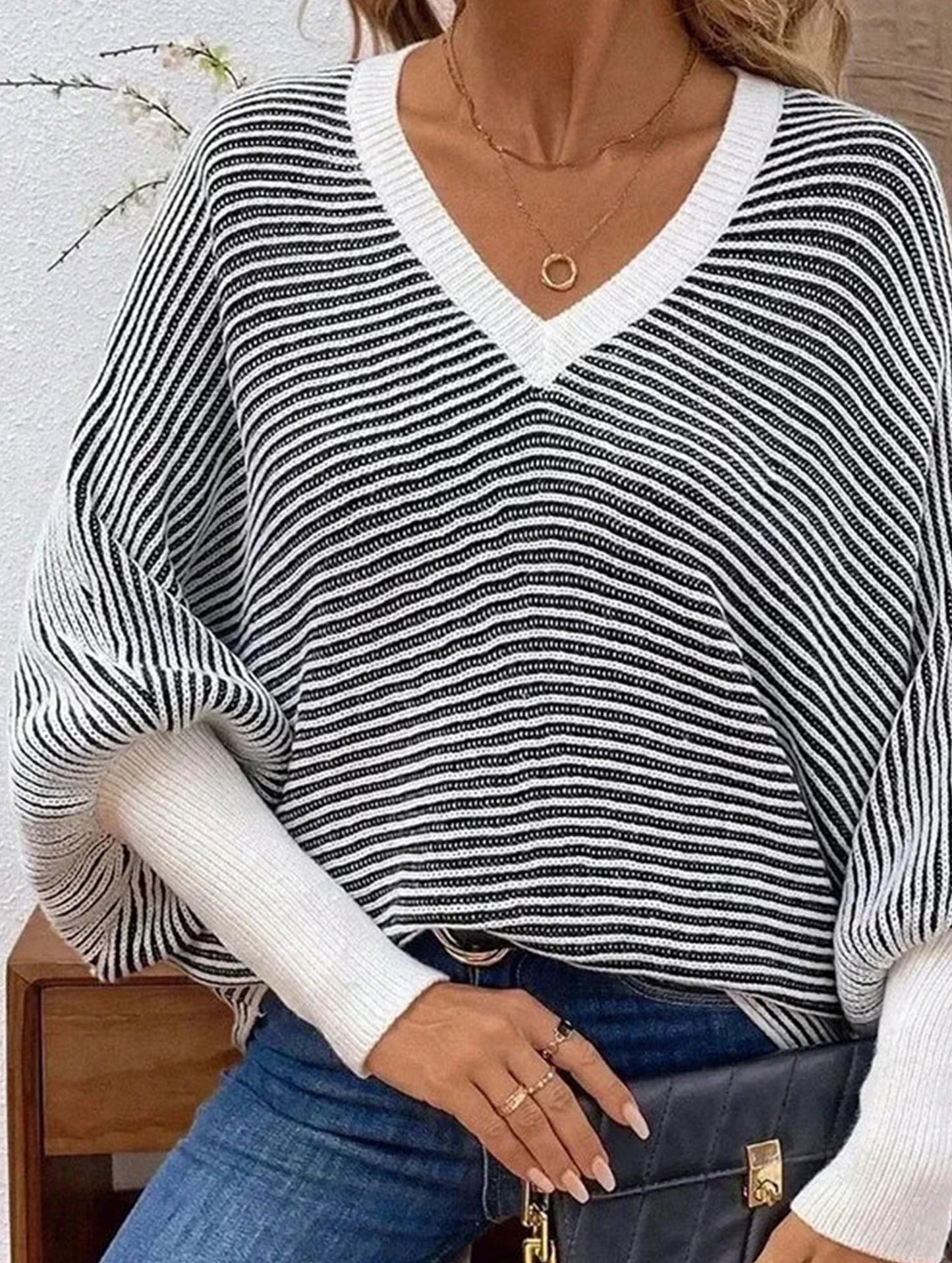 Striped V-neck batwing sleeves sweater