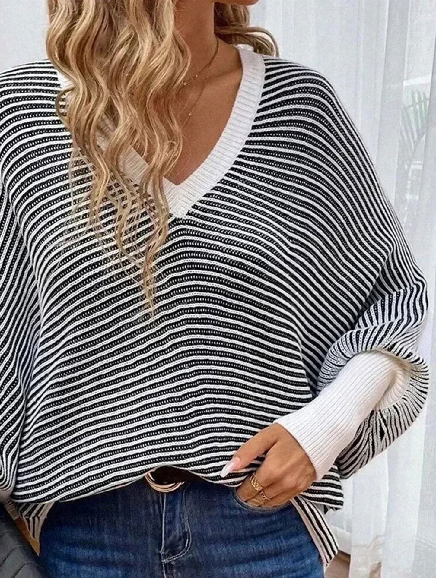 Striped V-neck batwing sleeves sweater