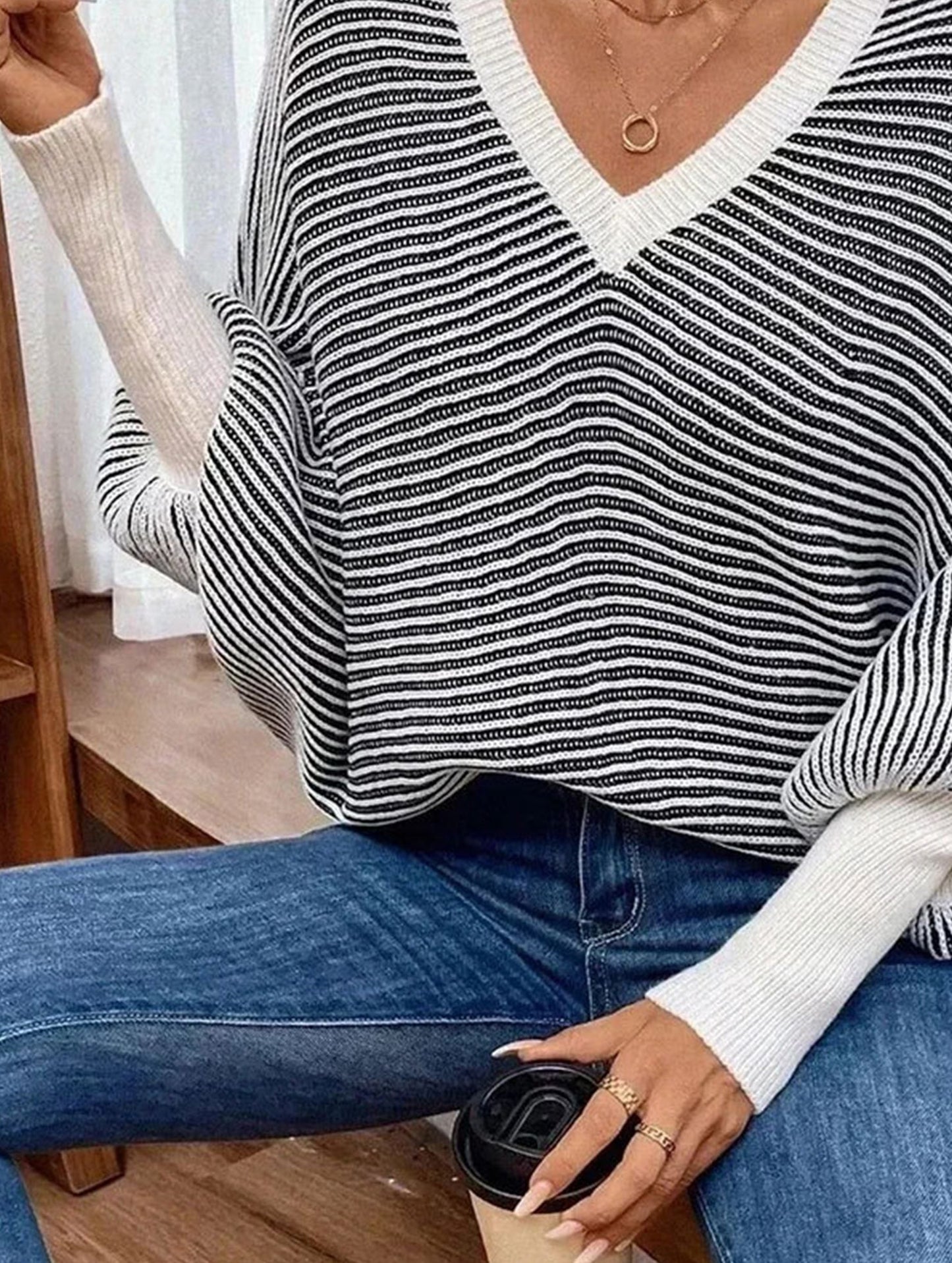 Striped V-neck batwing sleeves sweater