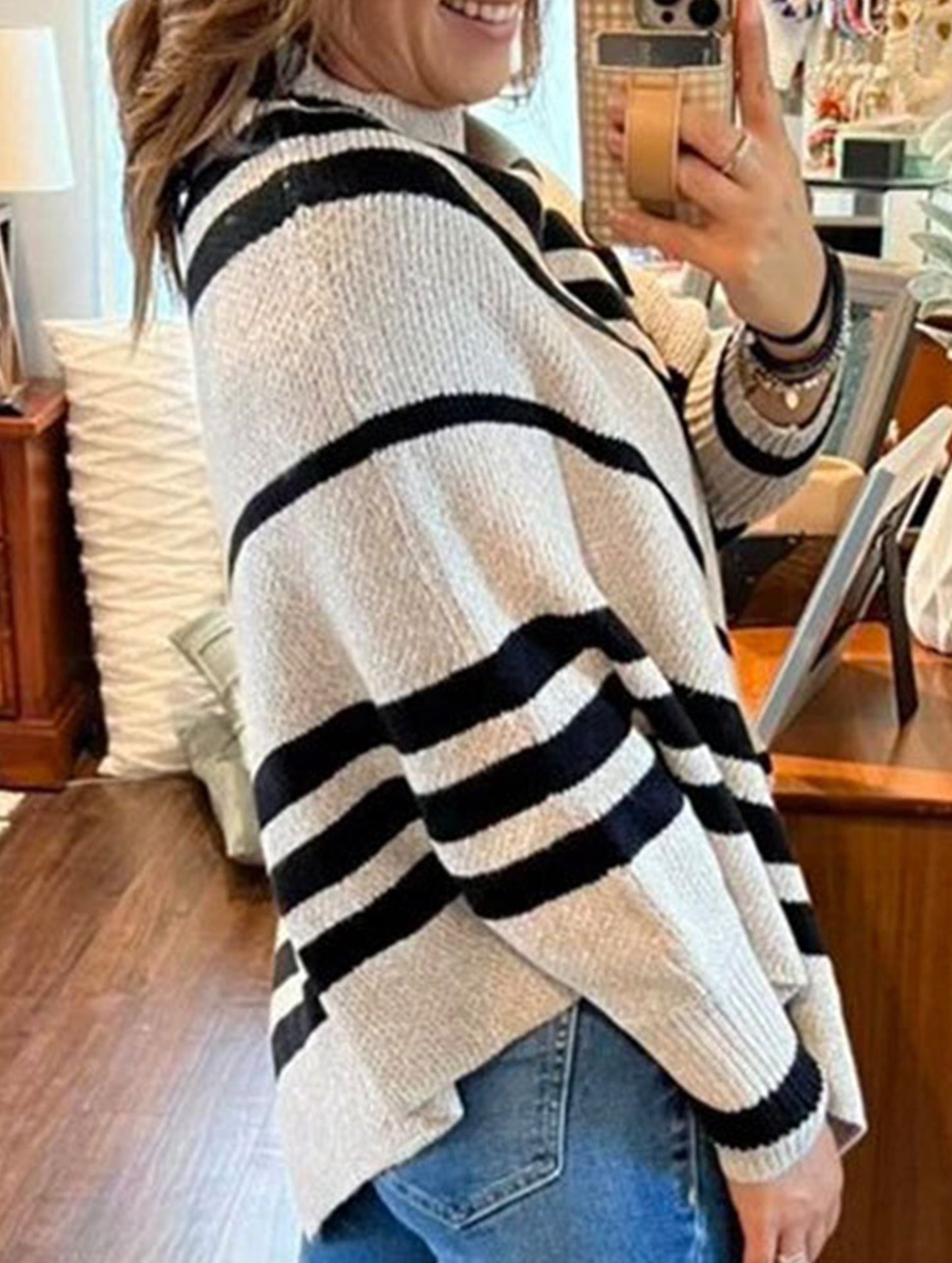 Turtleneck Striped Contrast Batwing Sleeve Sweater