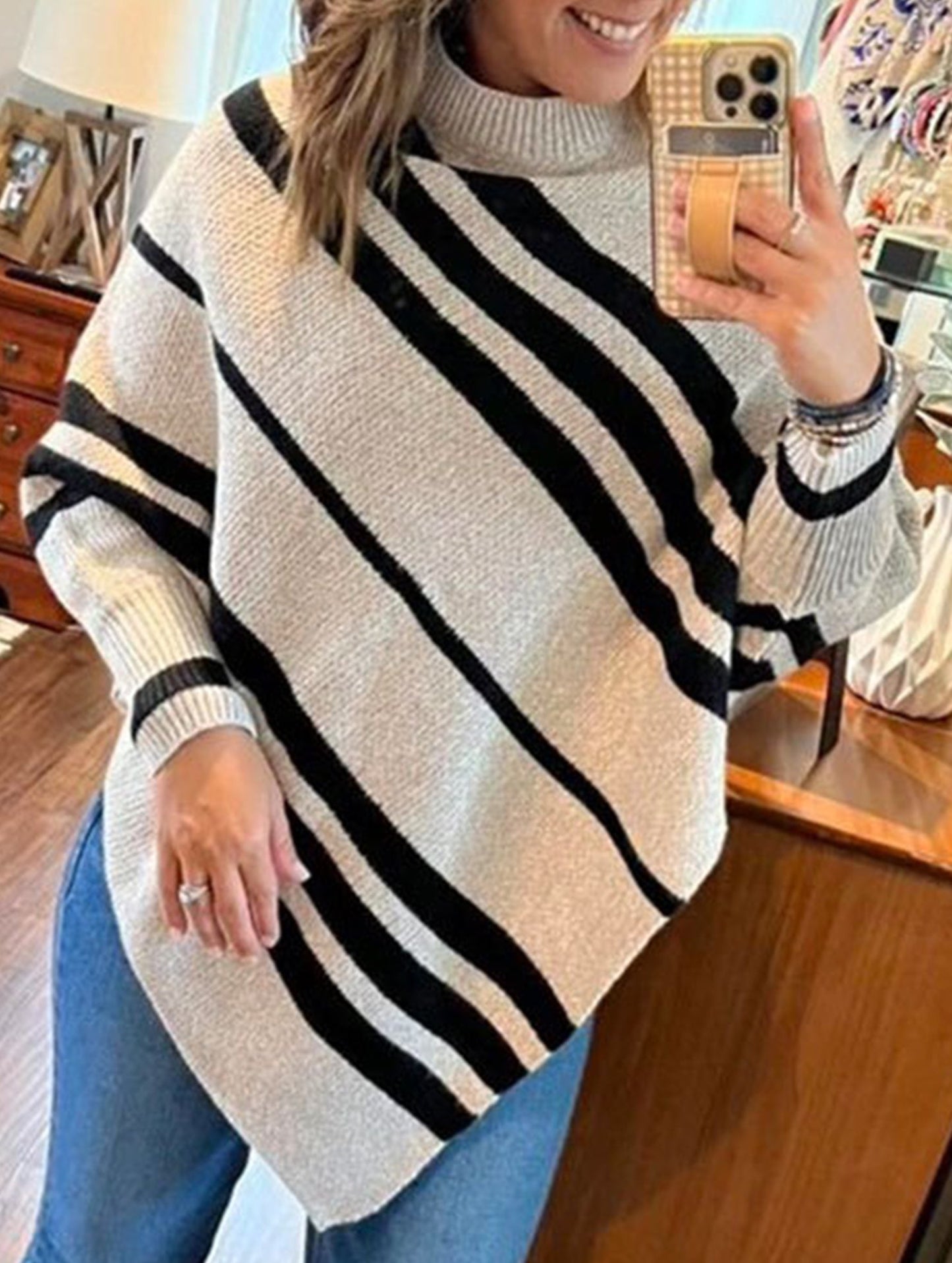 Turtleneck Striped Contrast Batwing Sleeve Sweater