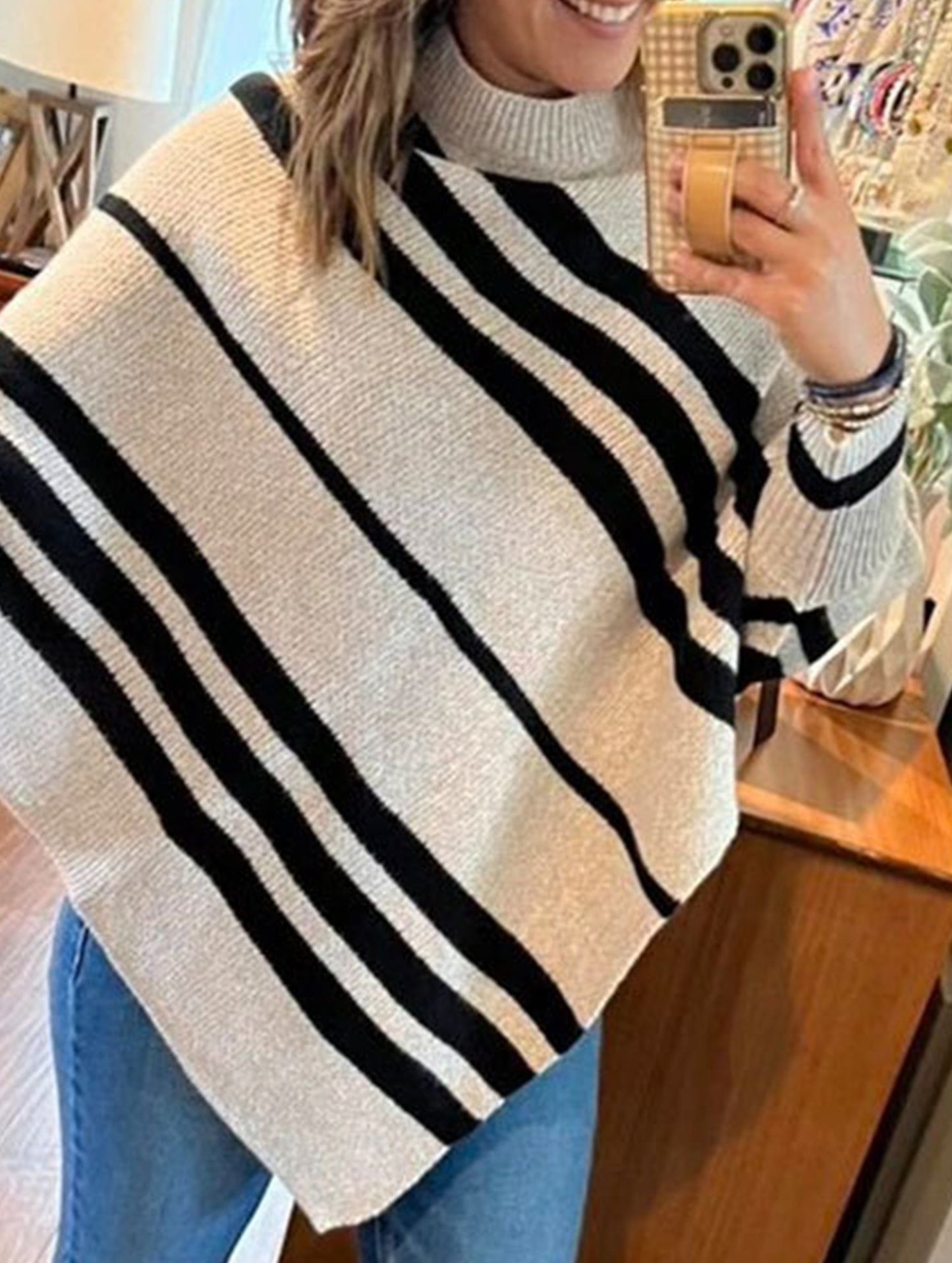 Turtleneck Striped Contrast Batwing Sleeve Sweater