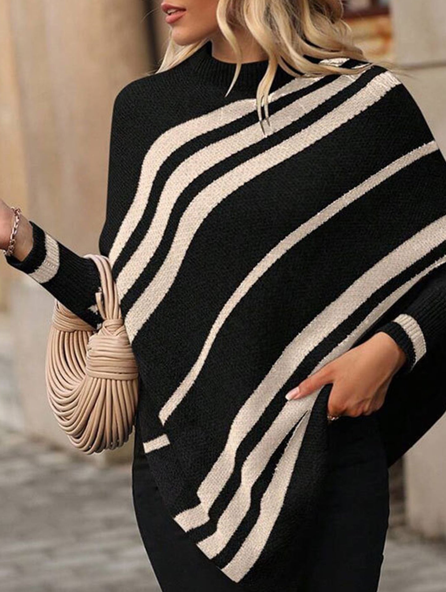 Turtleneck Striped Contrast Batwing Sleeve Sweater