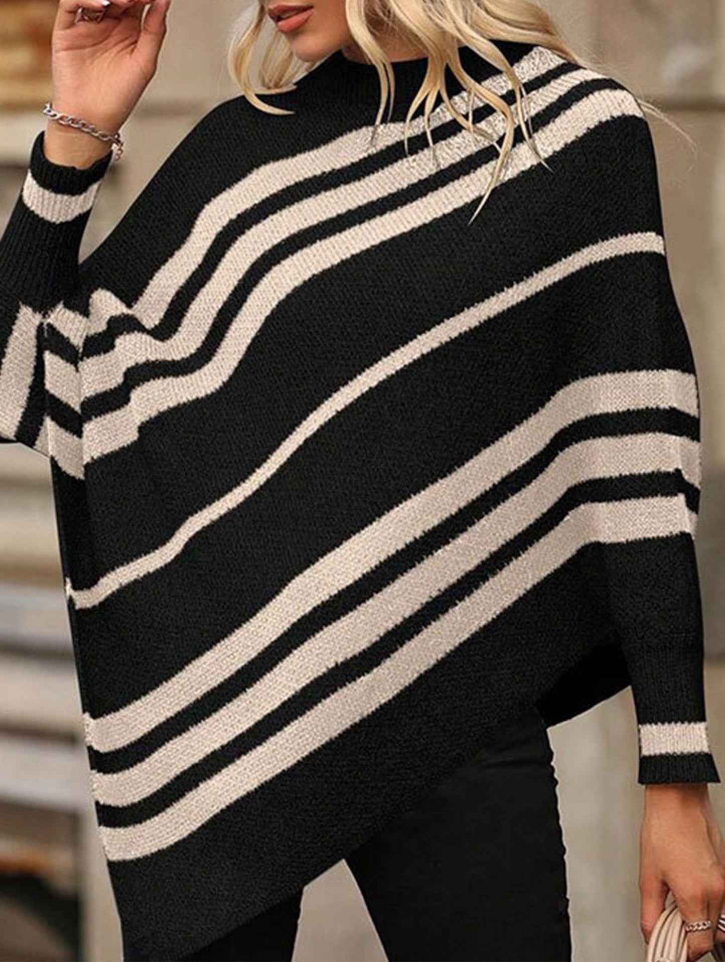 Turtleneck Striped Contrast Batwing Sleeve Sweater