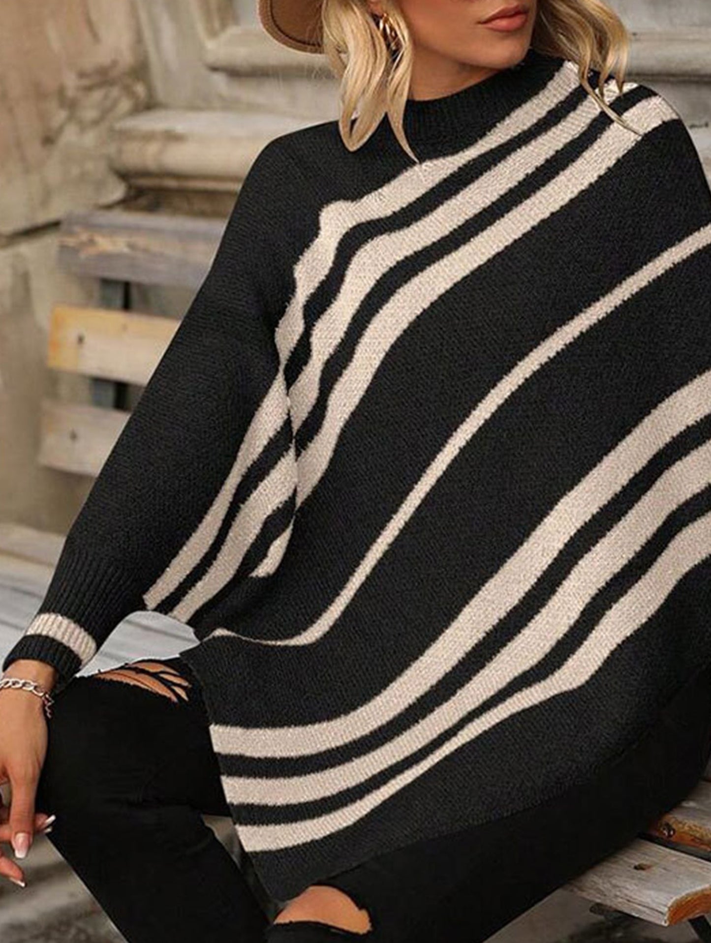 Turtleneck Striped Contrast Batwing Sleeve Sweater