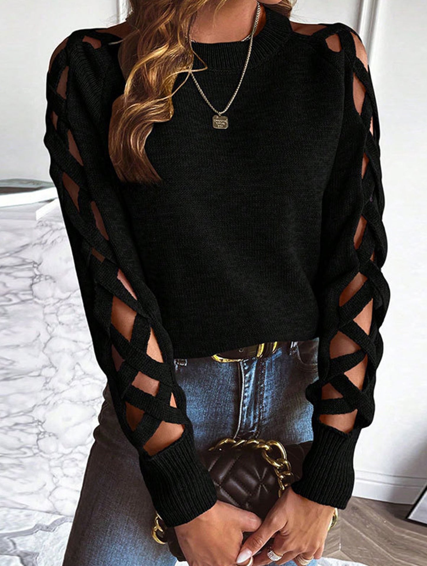 hollow striped long-sleeved top