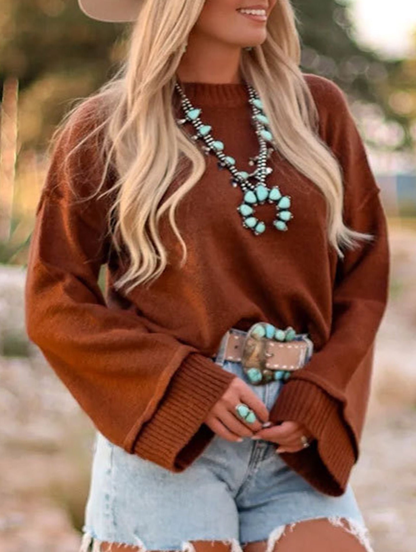 Loose solid color crew neck sweater