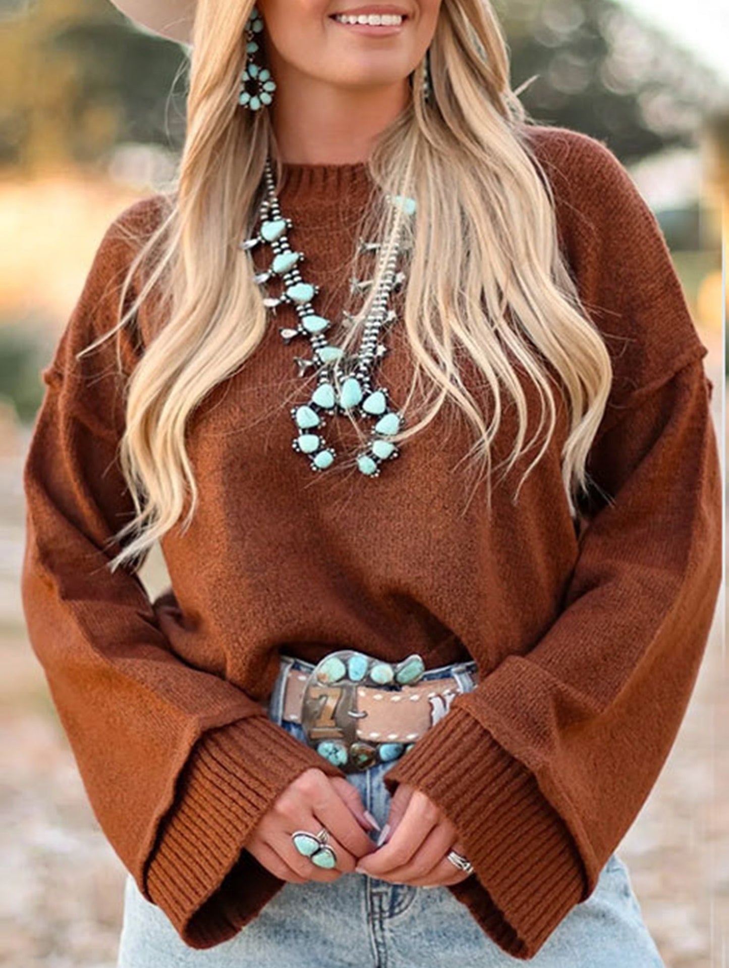 Loose solid color crew neck sweater