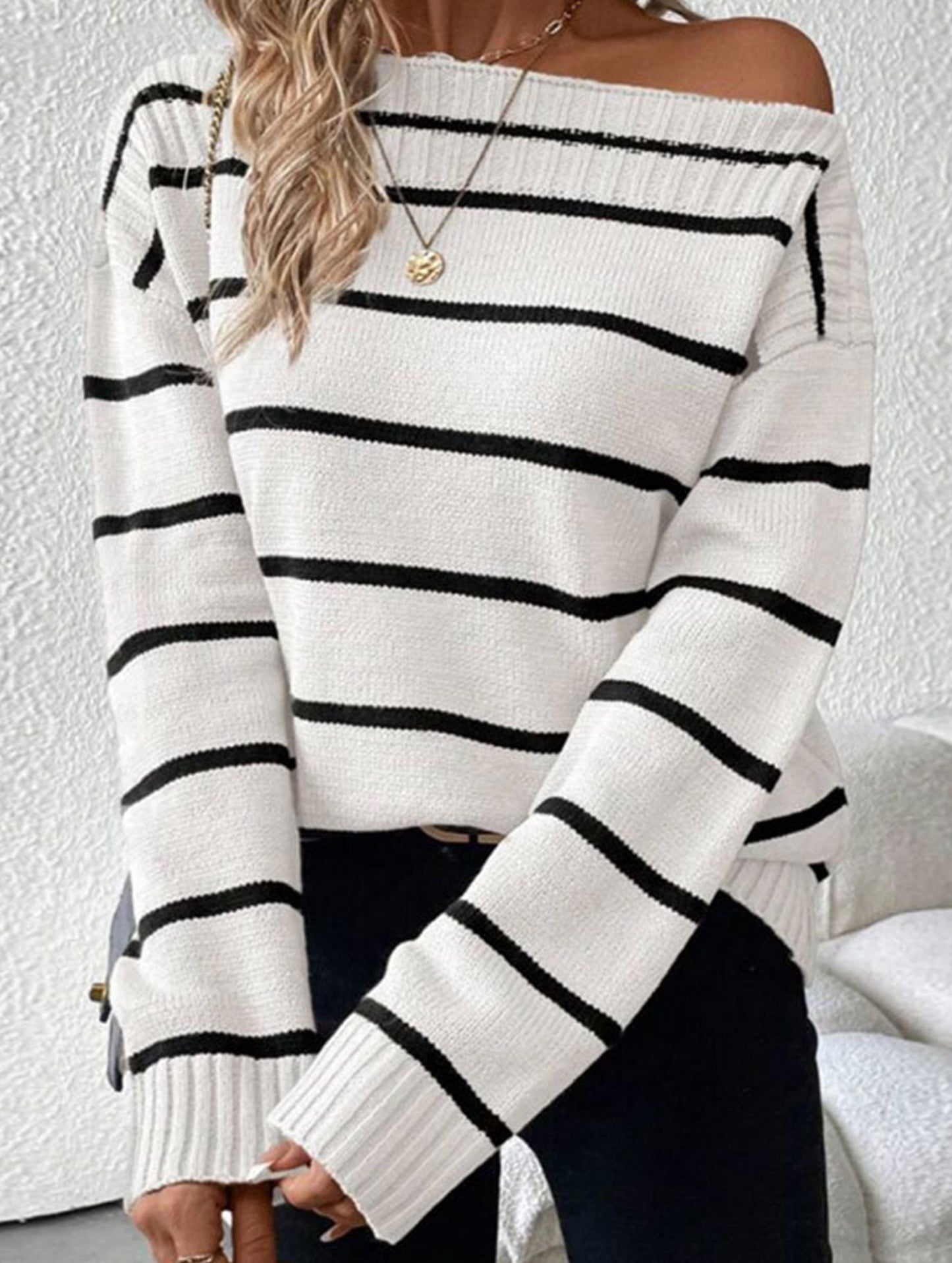 Fashionable and sexy striped boat neck top