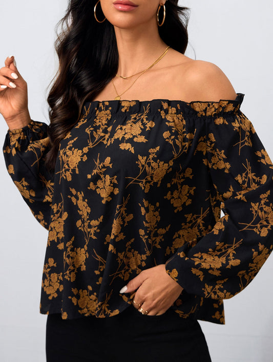 Off-the-shoulder floral boat neck shirt