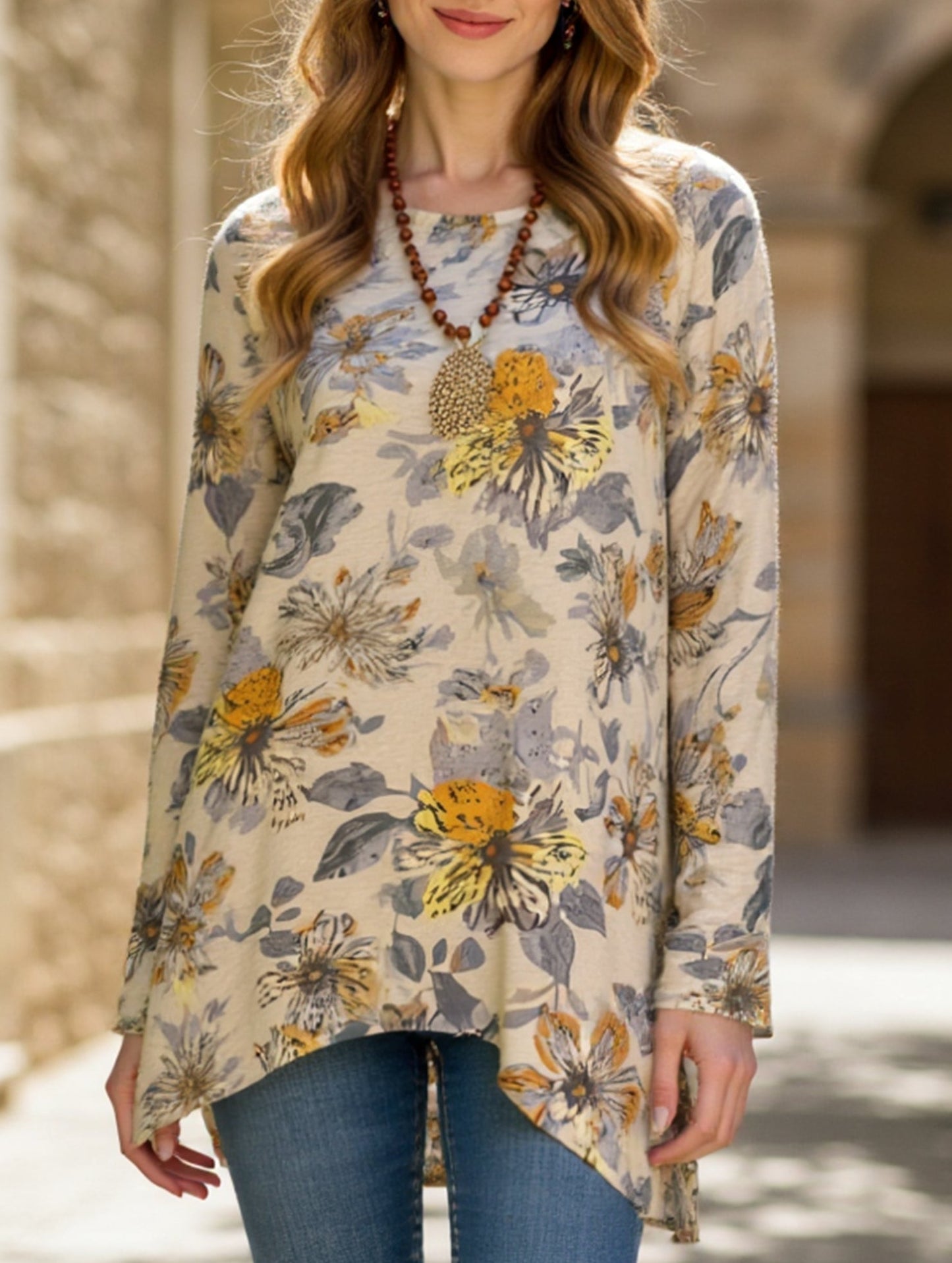 floral print crew neck long-sleeved top