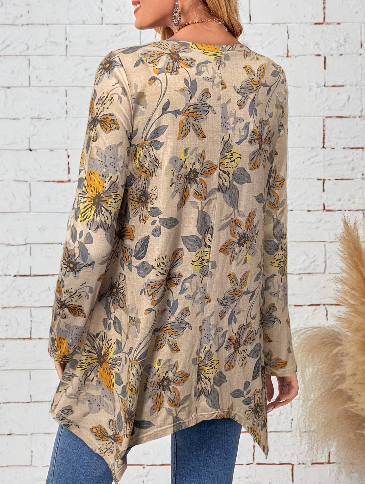 floral print crew neck long-sleeved top