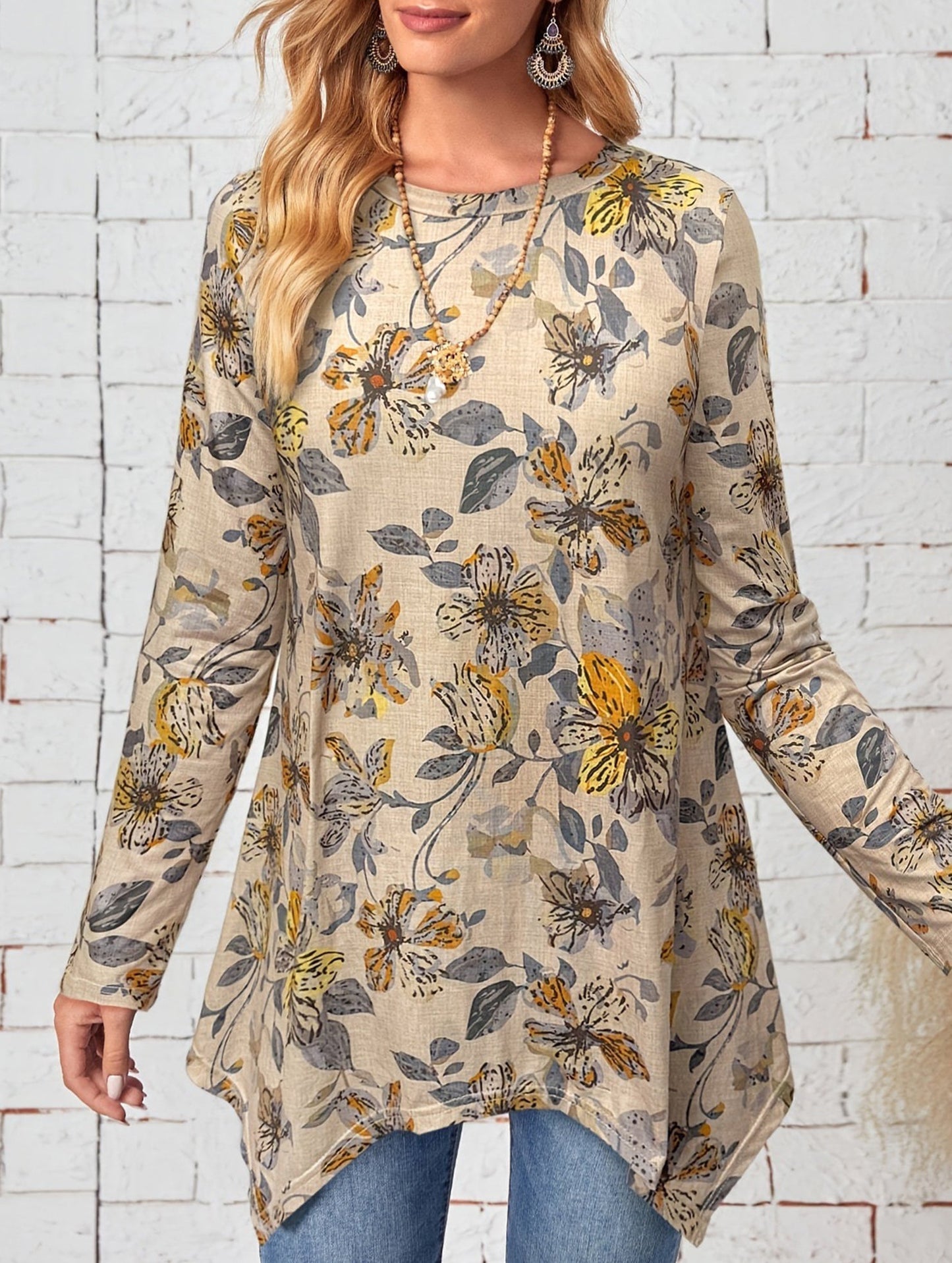 floral print crew neck long-sleeved top