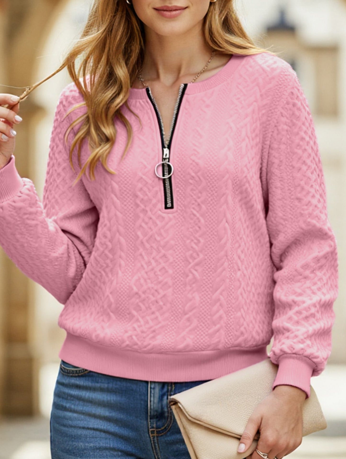 Casual Neckline Zipper Long Sleeve Sweatshirt