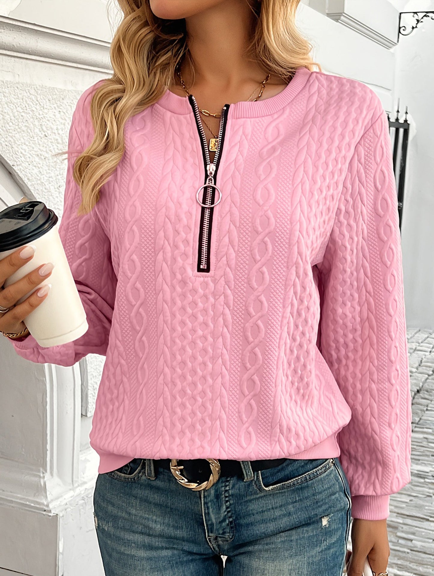 Casual Neckline Zipper Long Sleeve Sweatshirt