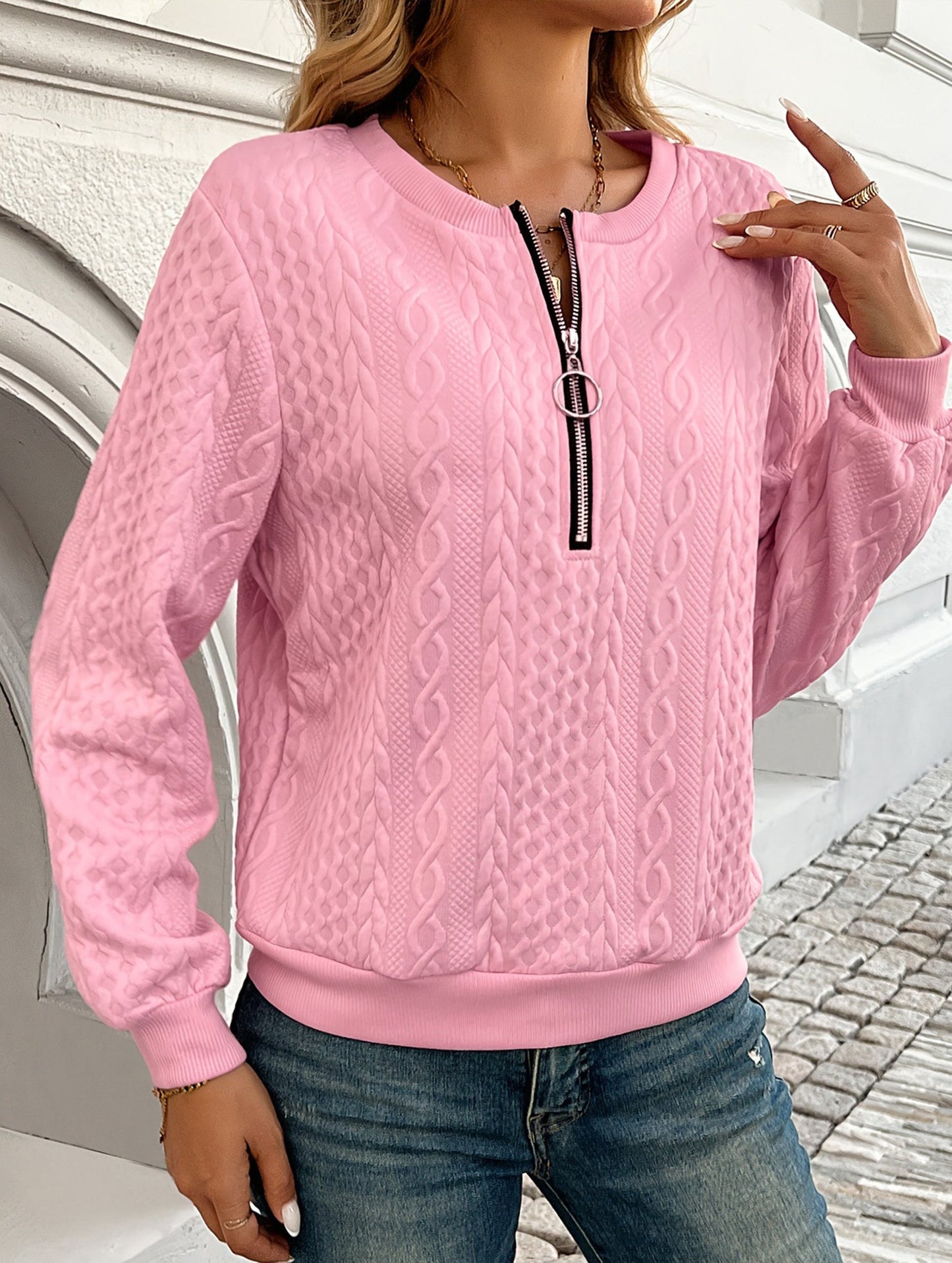 Casual Neckline Zipper Long Sleeve Sweatshirt