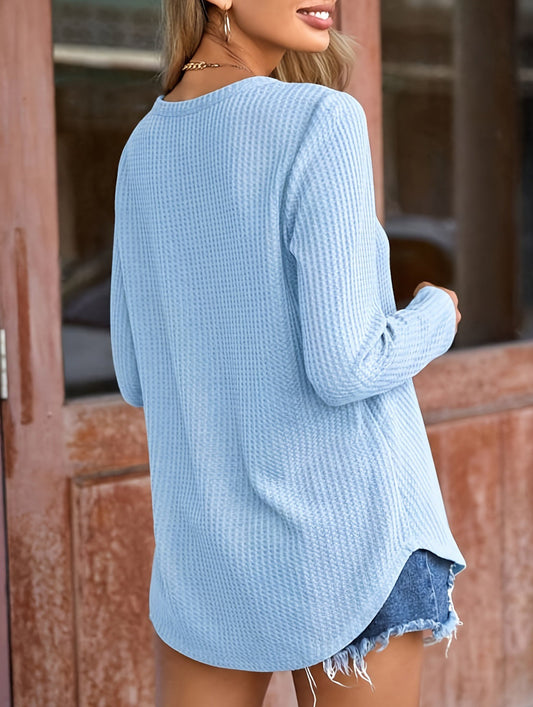 Loose solid color V-neck curved sweater