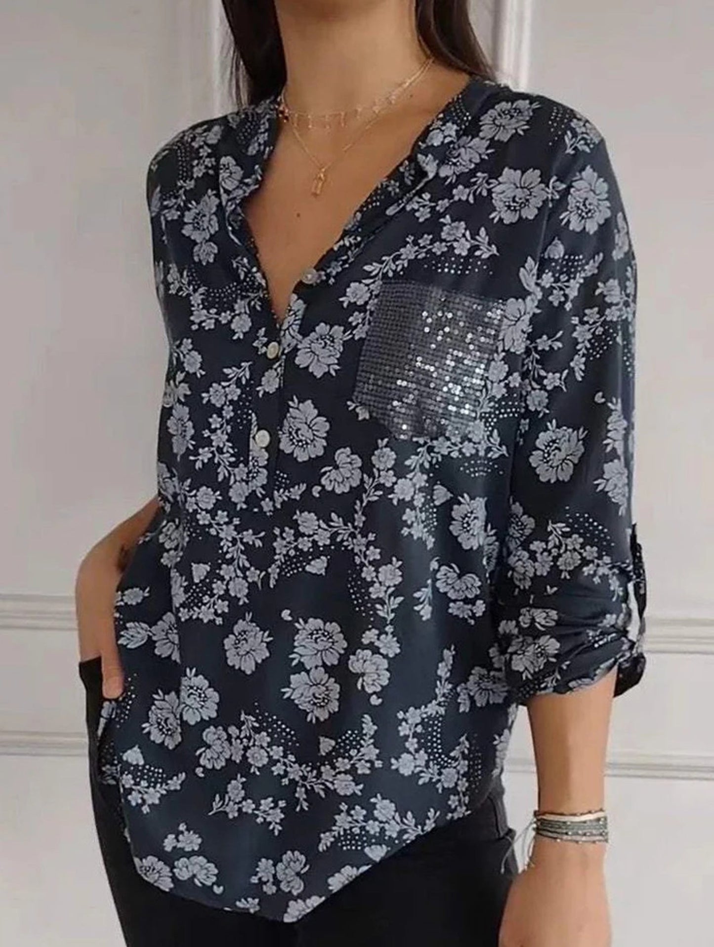 Loose Casual Sequin Pocket Shirt