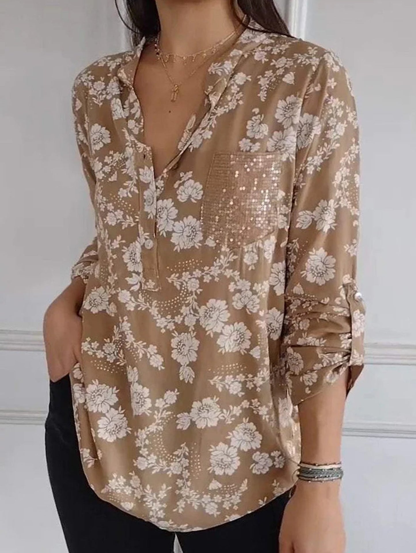 Loose Casual Sequin Pocket Shirt