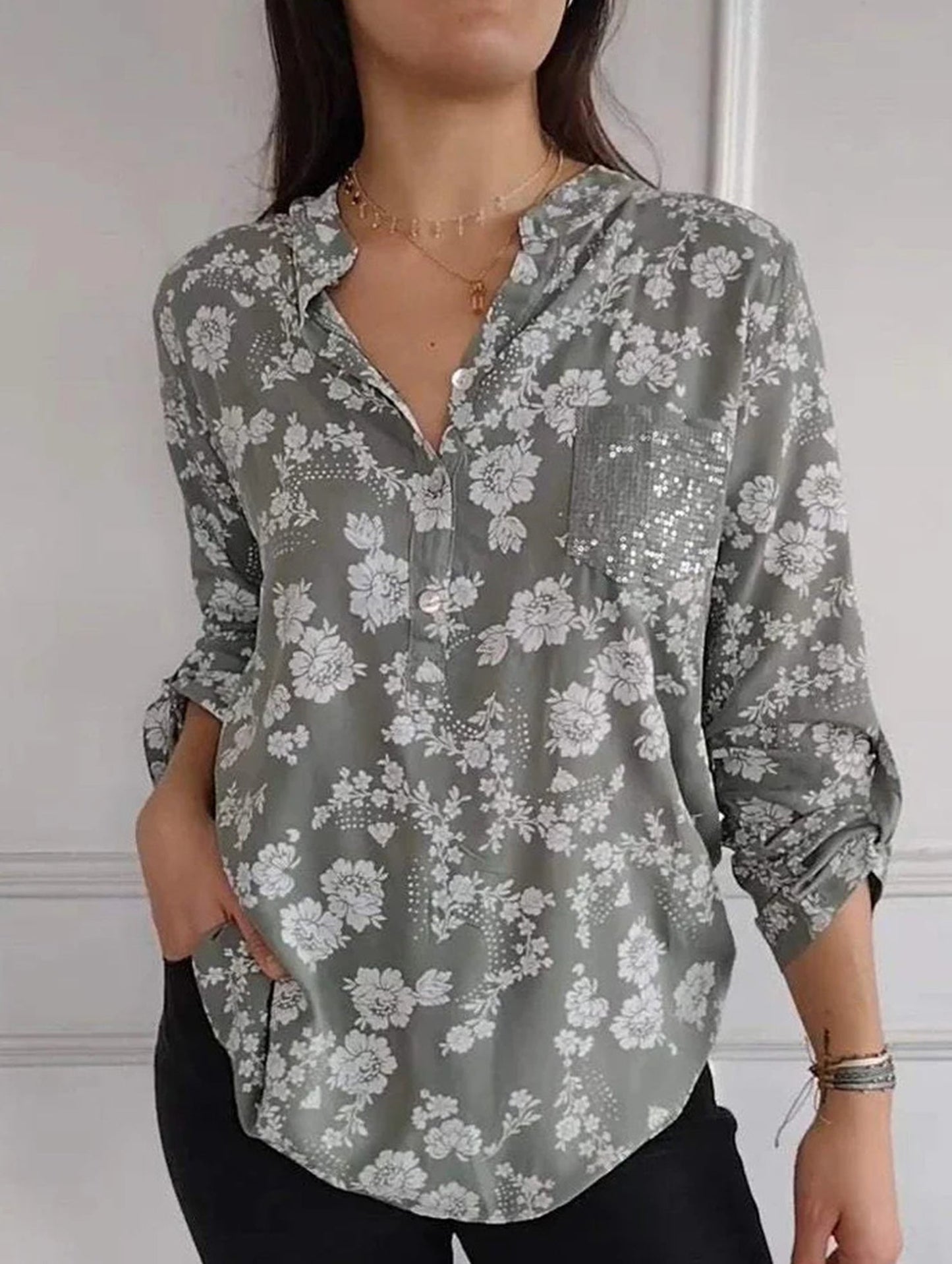 Loose Casual Sequin Pocket Shirt