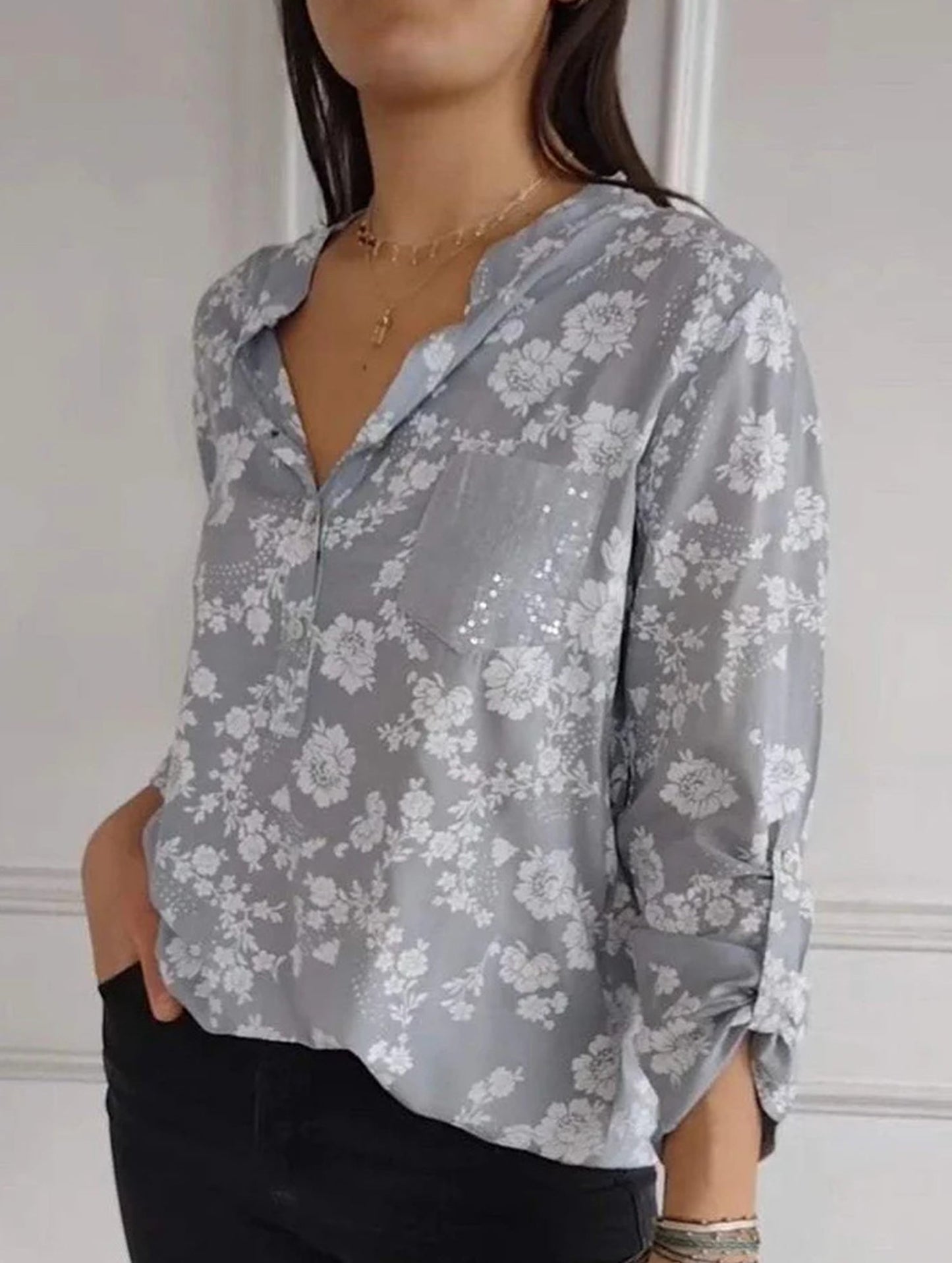 Loose Casual Sequin Pocket Shirt