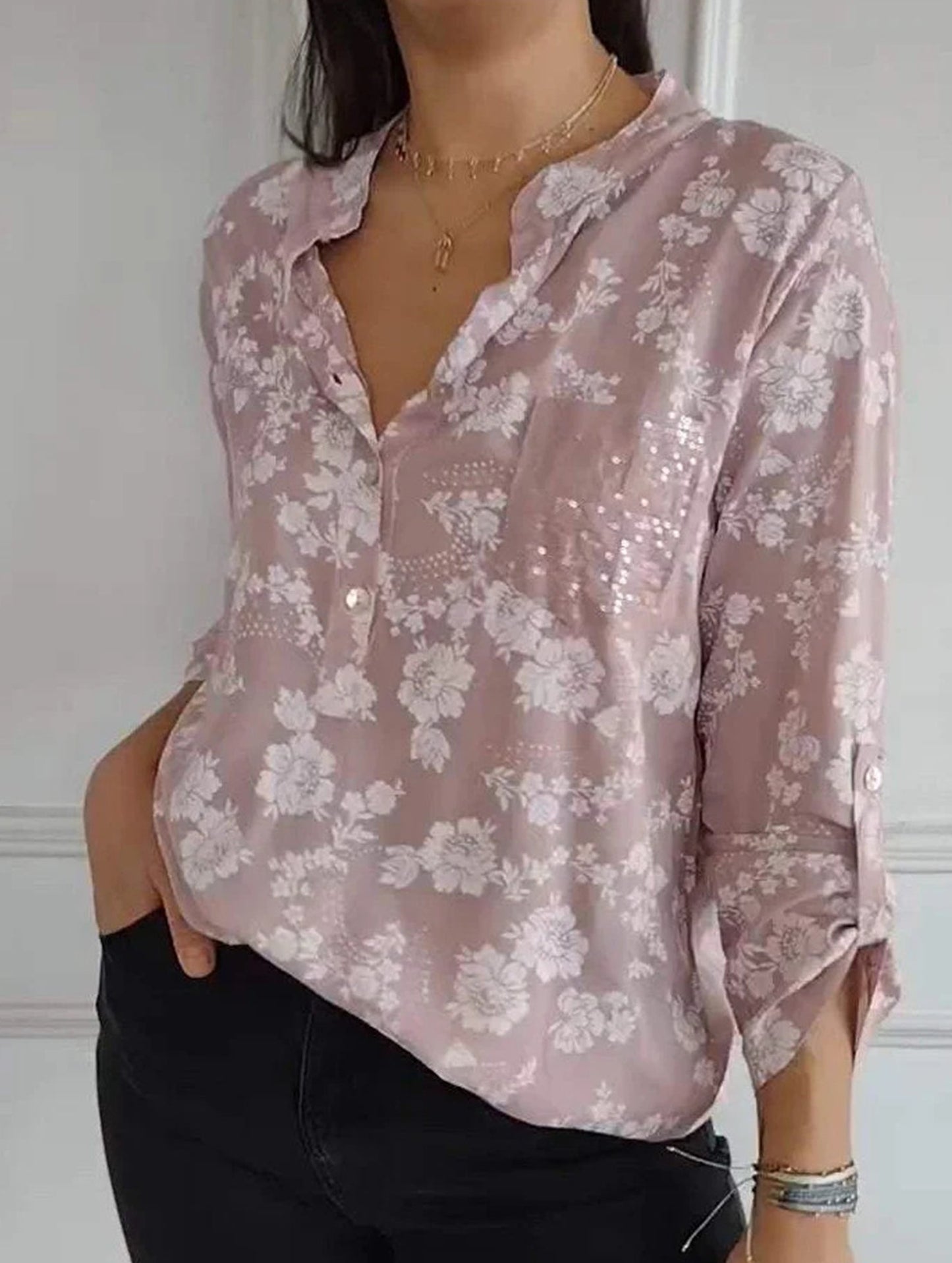 Loose Casual Sequin Pocket Shirt
