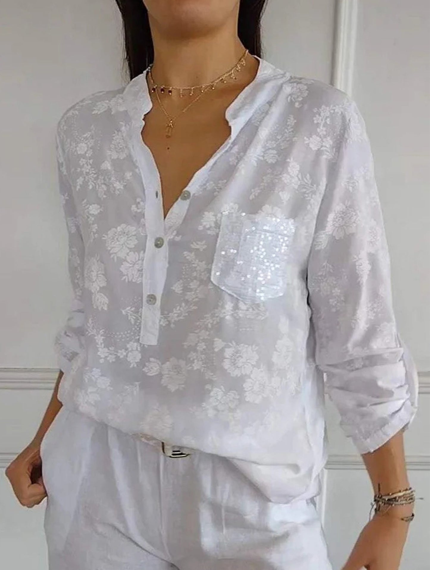 Loose Casual Sequin Pocket Shirt