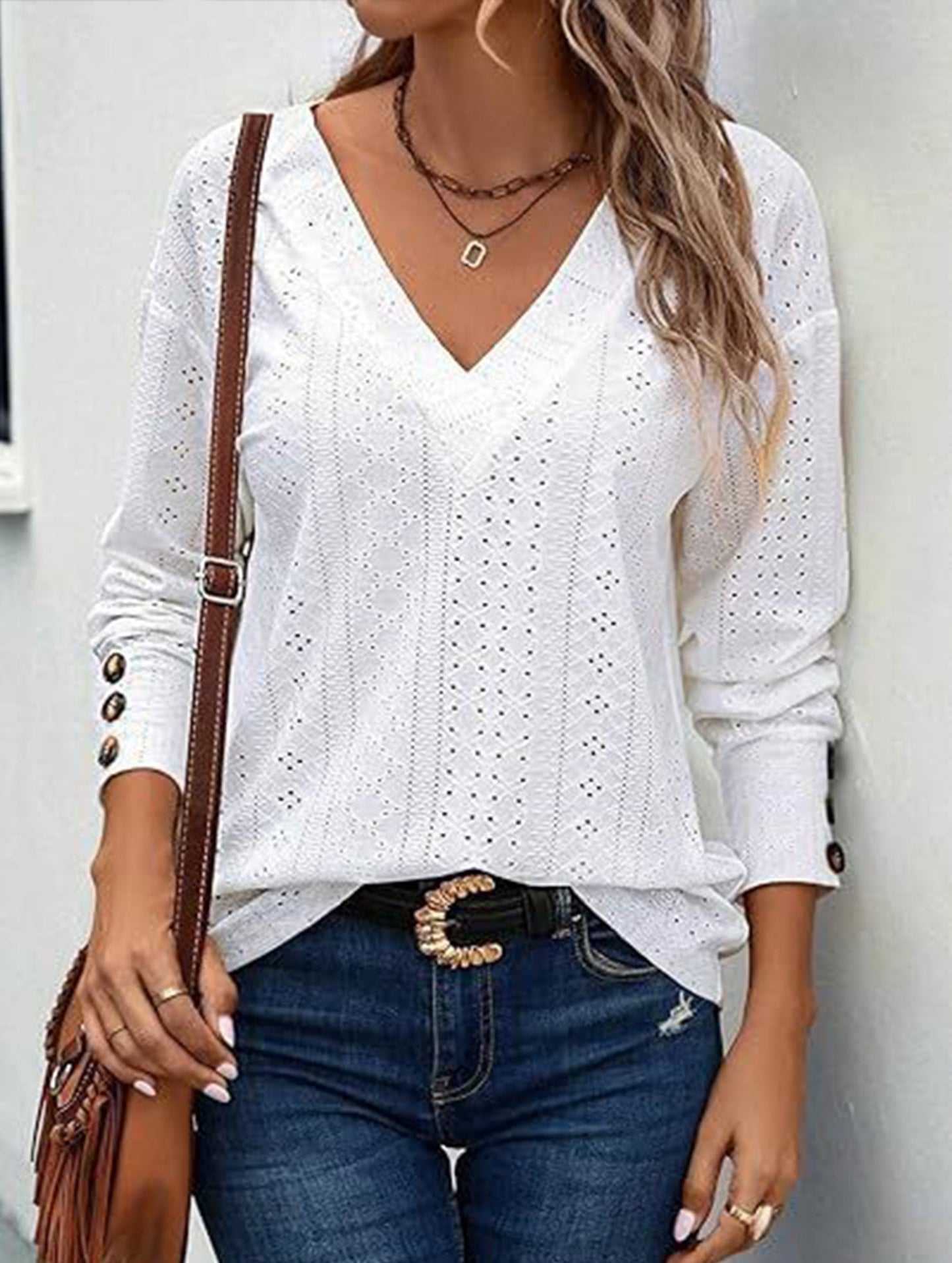Button-down lace embroidered shirt