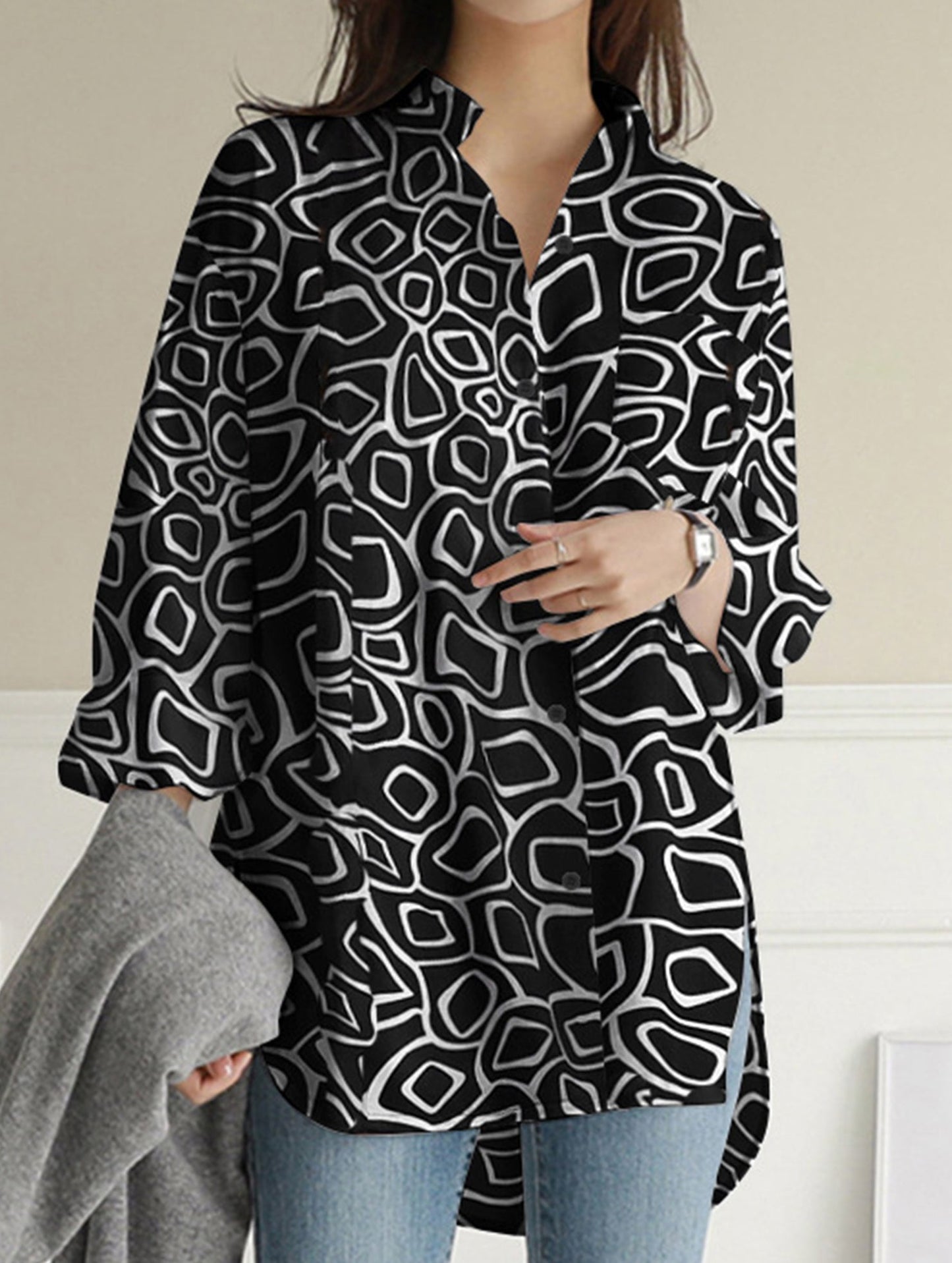 Printed lapel long-sleeved tunic top