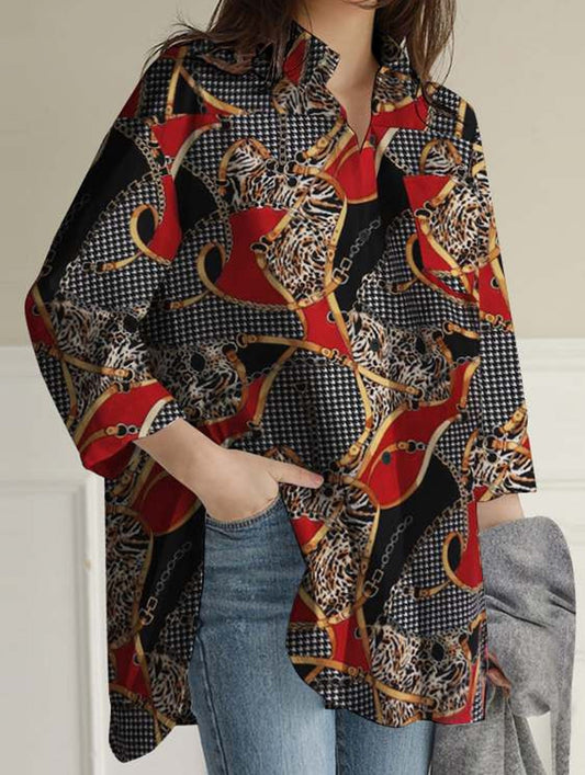 Printed lapel long-sleeved tunic top