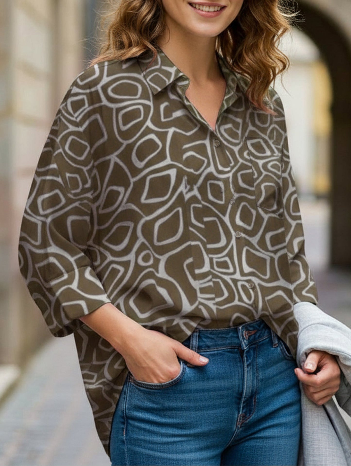 Printed lapel long-sleeved tunic top