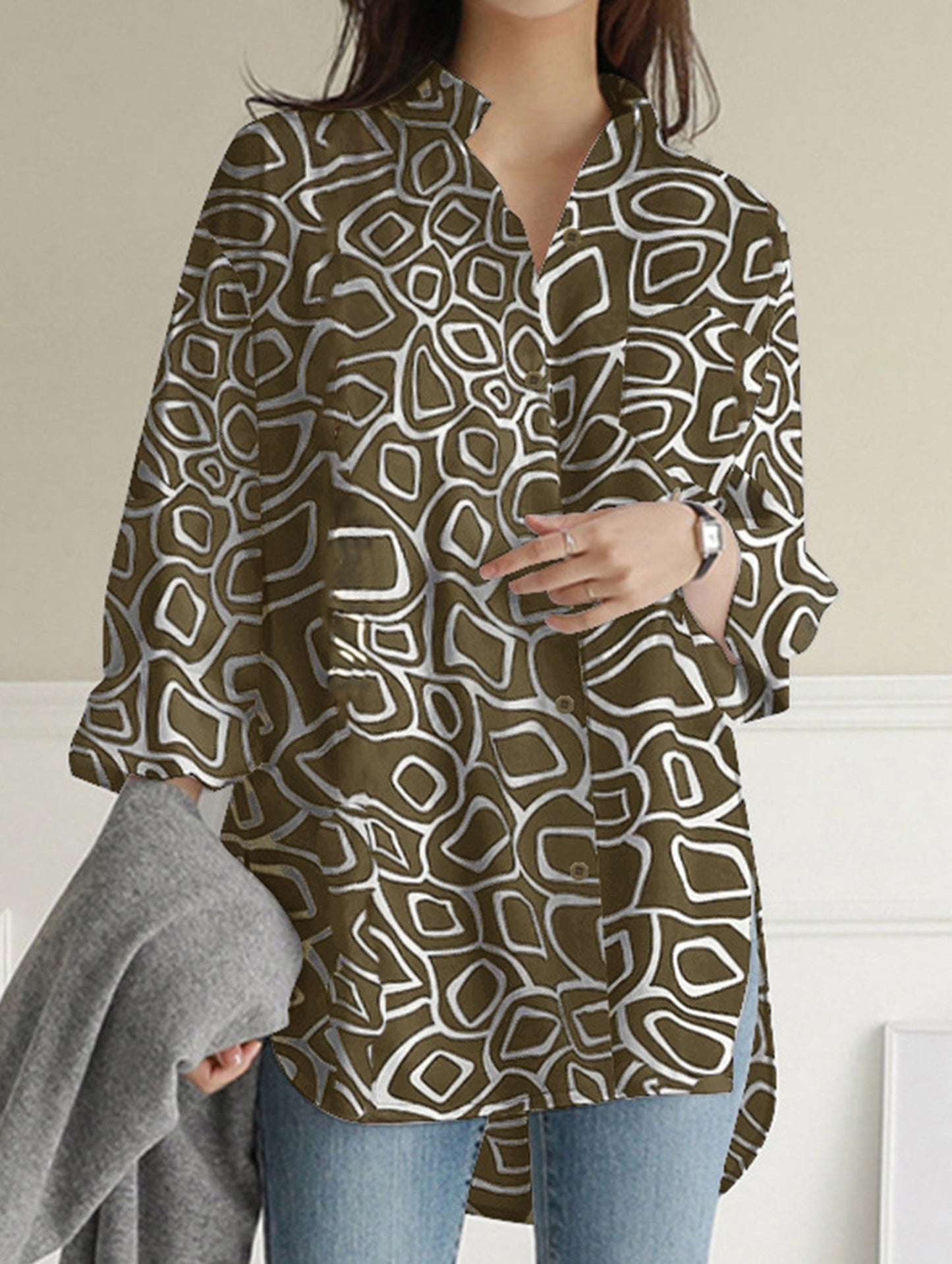 Printed lapel long-sleeved tunic top