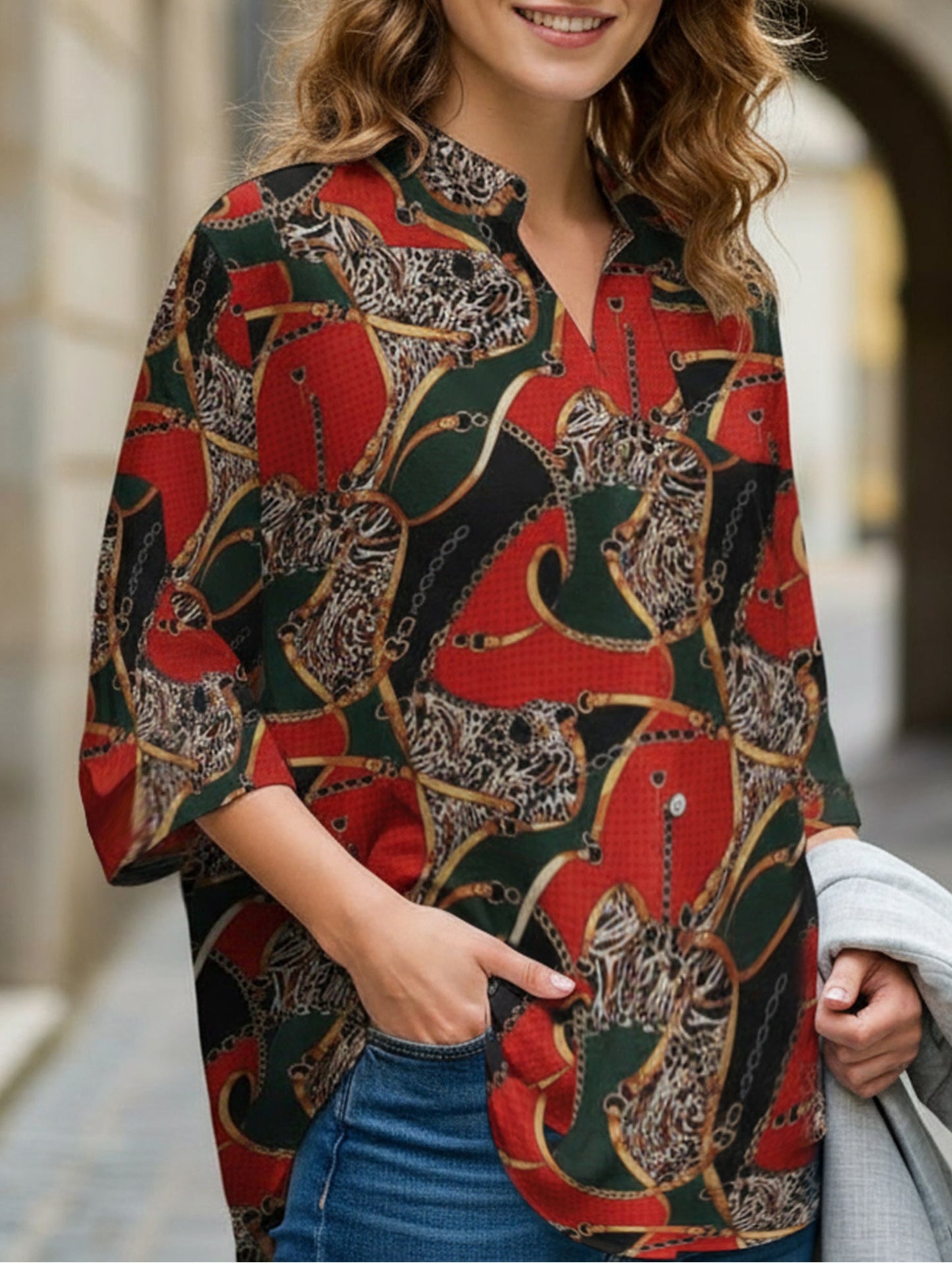 Printed lapel long-sleeved tunic top