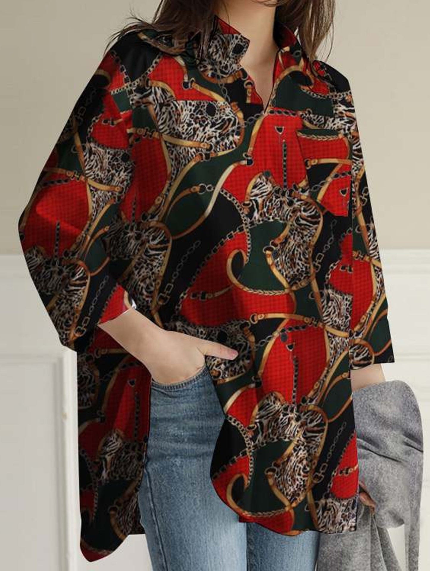 Printed lapel long-sleeved tunic top