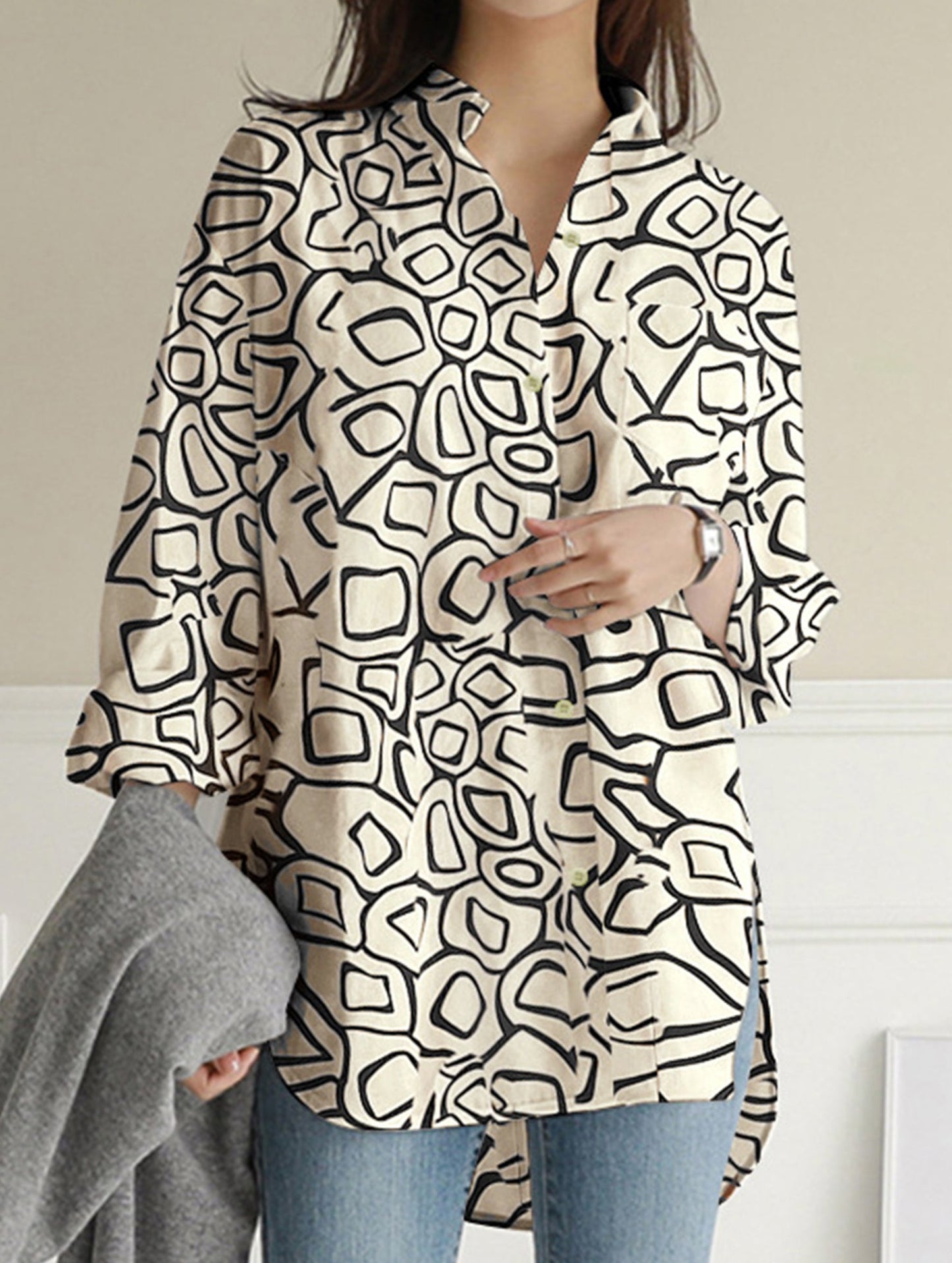 Printed lapel long-sleeved tunic top