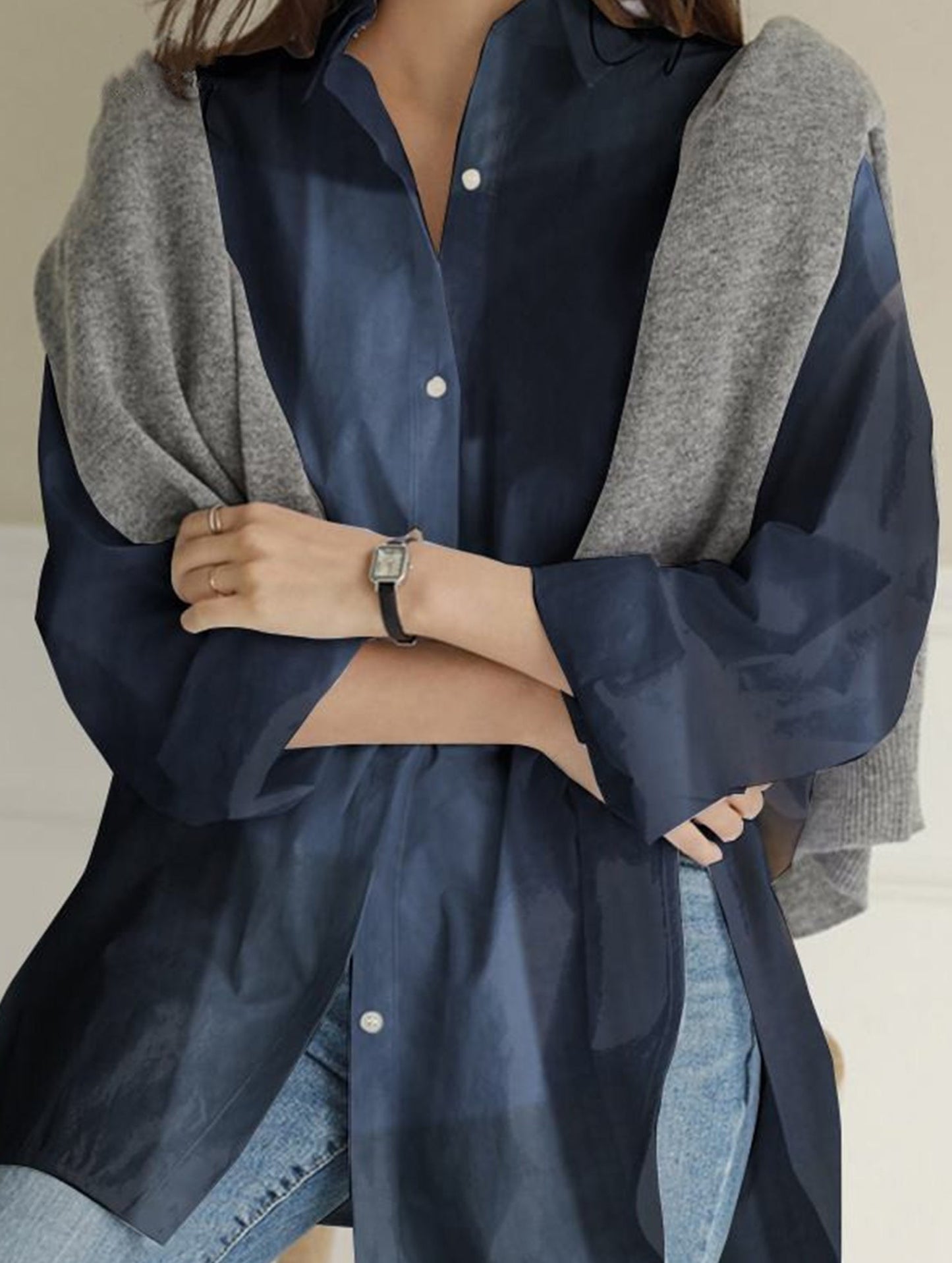 Casual long-sleeved plaid irregular shirt