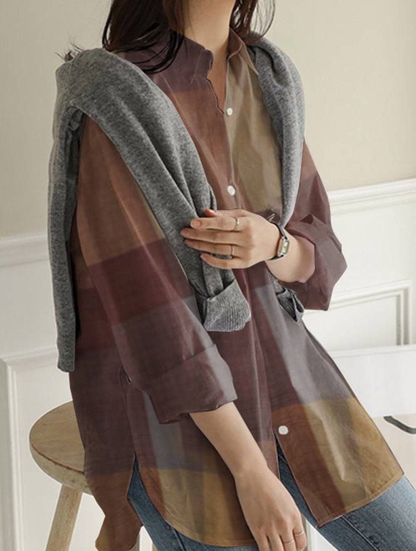 Casual long-sleeved plaid irregular shirt