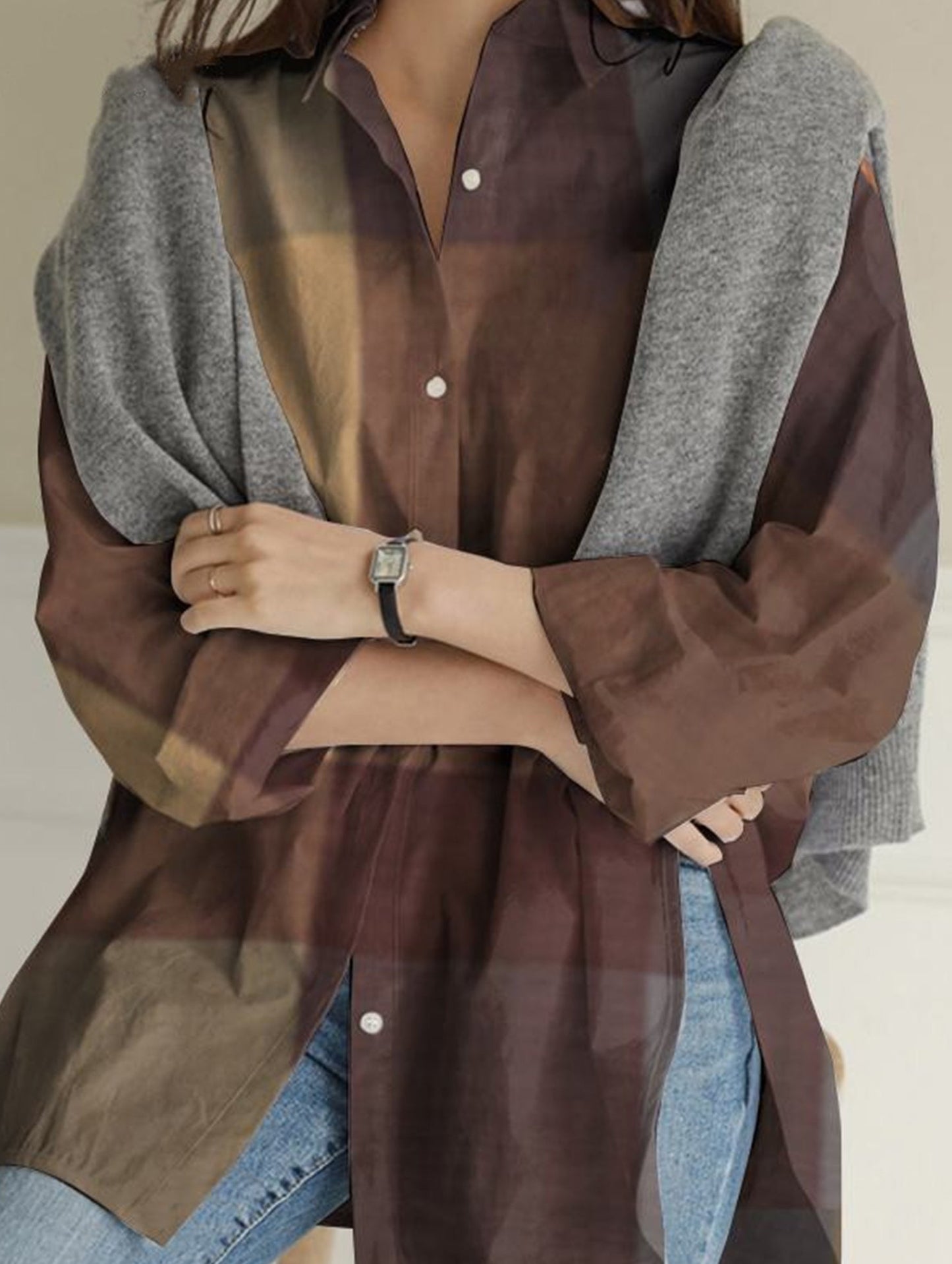 Casual long-sleeved plaid irregular shirt