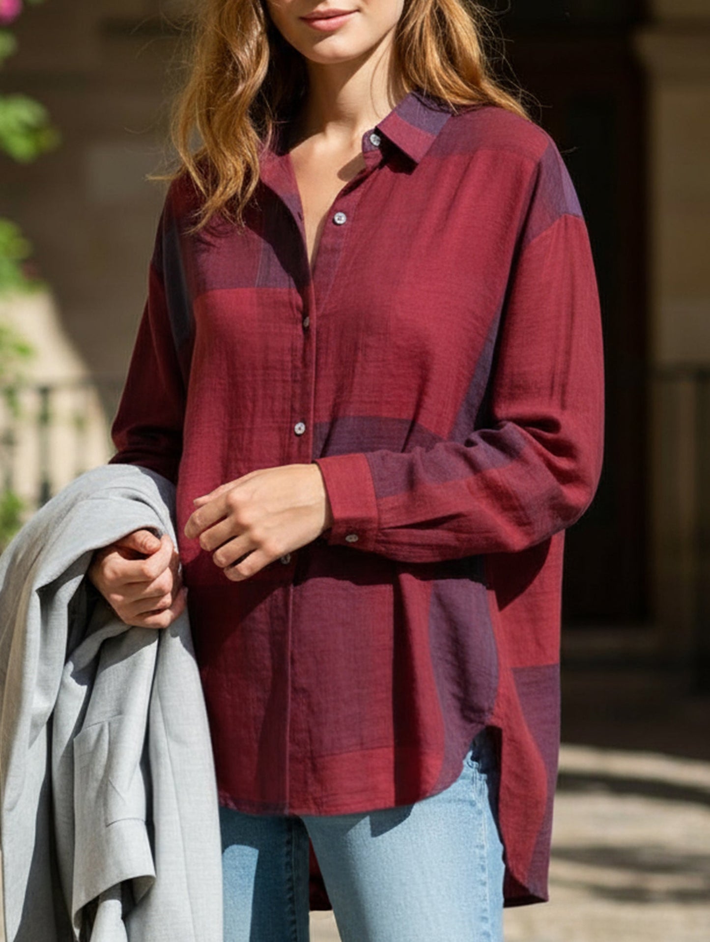 Casual long-sleeved plaid irregular shirt