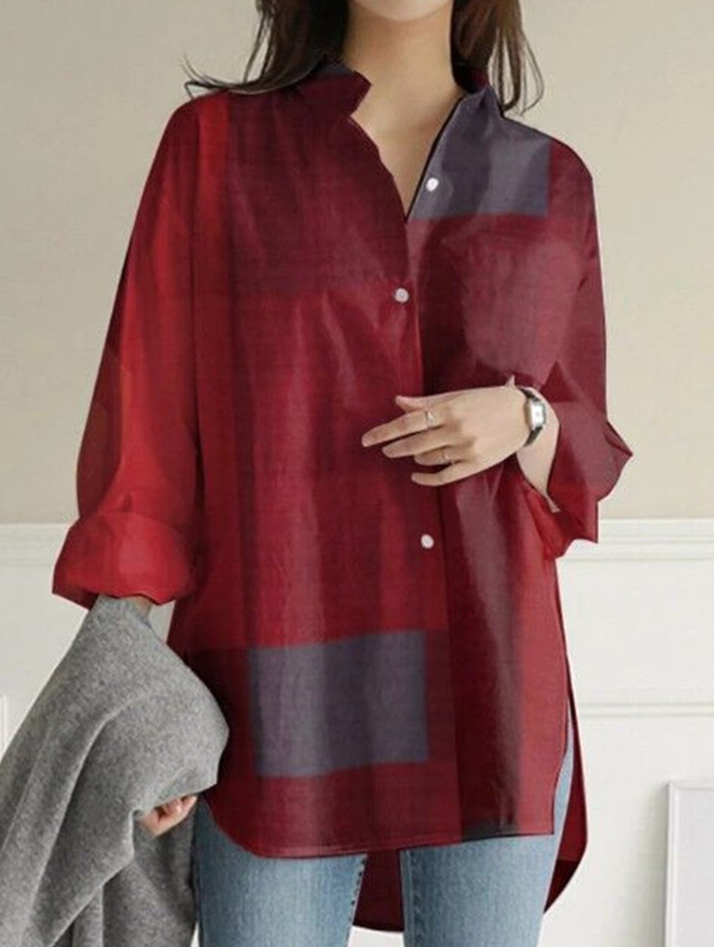 Casual long-sleeved plaid irregular shirt