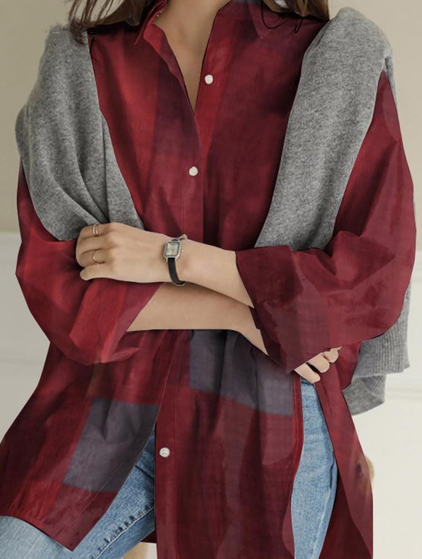 Casual long-sleeved plaid irregular shirt