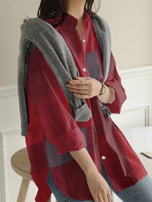 Casual long-sleeved plaid irregular shirt