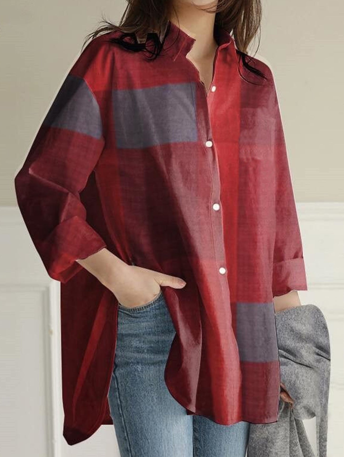 Casual long-sleeved plaid irregular shirt