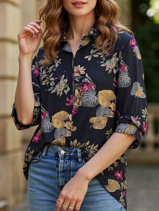 Women's Floral Print Button-Down Collar Shirt